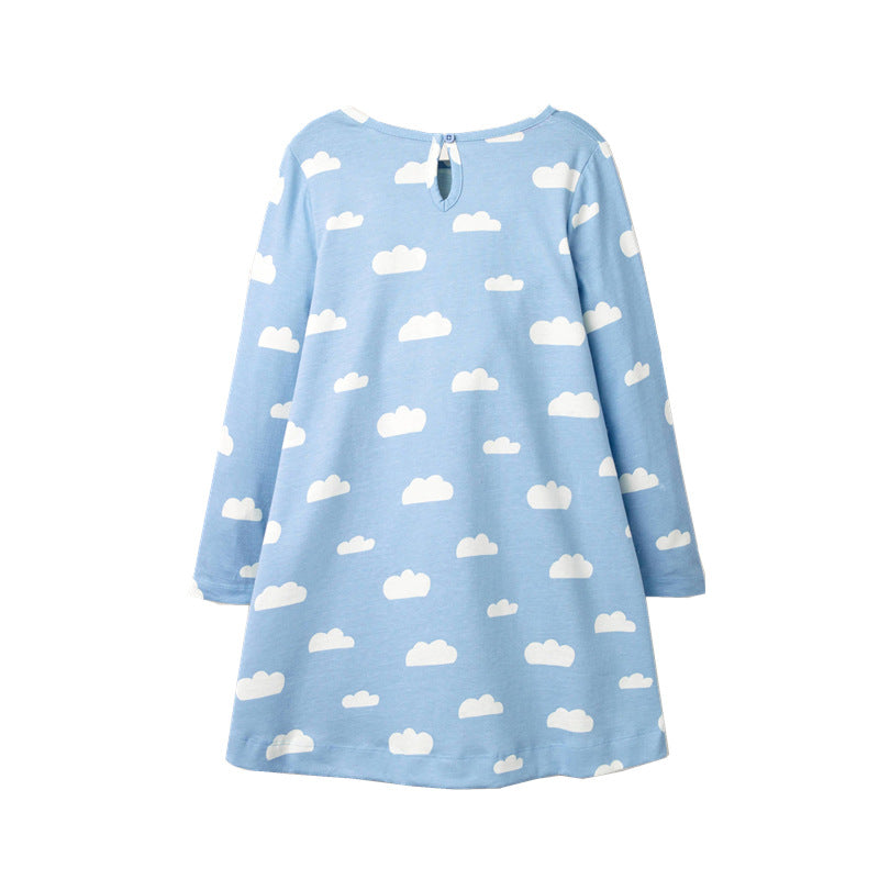 2-8Y Girls Long Sleeve Casual Dress Cute Rabbit White Cloud Girls Cotton Jersey Dress