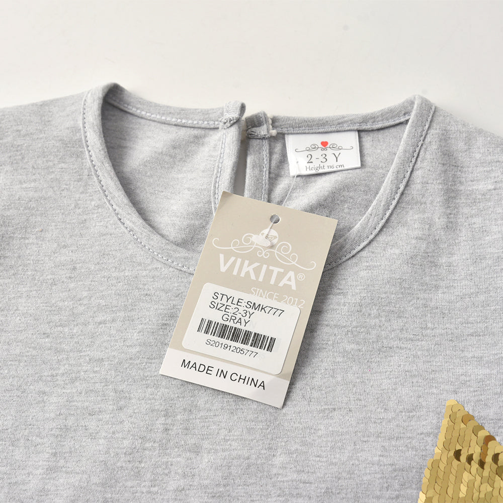 2Y-8Y Girls Short Sleeve T-shirt Sequins Big Star Grey Casual Cotton Top