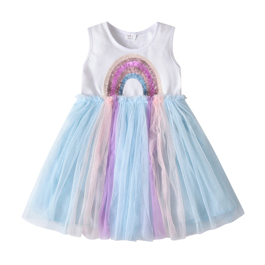 2Y-8Y Girls Sleeveless Dress Sequins Rainbow Pink Tulle Tutu Dress for Toddler Girl