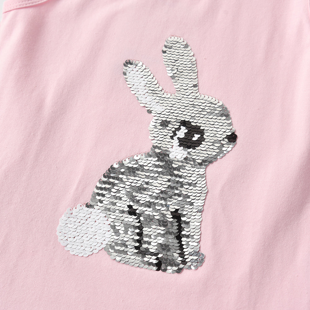 2Y-8Y Girls Sleeveless Casual Dress Sequins Rabbit with Heart Pink Ruffle Dress