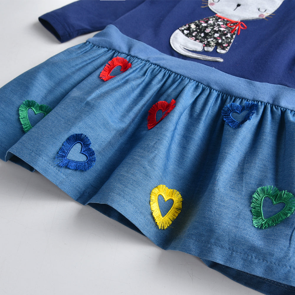 2-12Y Little Cute Cat Print Blue Long Sleeve Cotton Dress for Girls Toddler