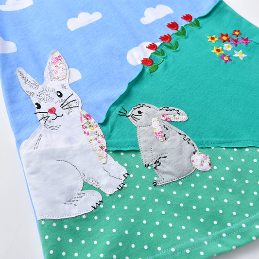 2-8Y Girls Short Sleeve T-Shirt Patchwork Rabbit Blue Sky Cute Casual Top
