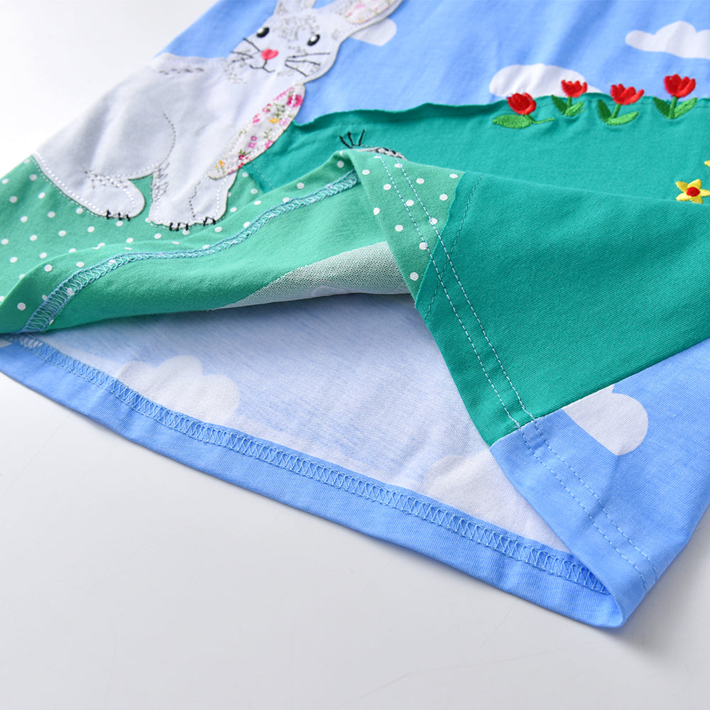 2-8Y Girls Short Sleeve T-Shirt Patchwork Rabbit Blue Sky Cute Casual Top