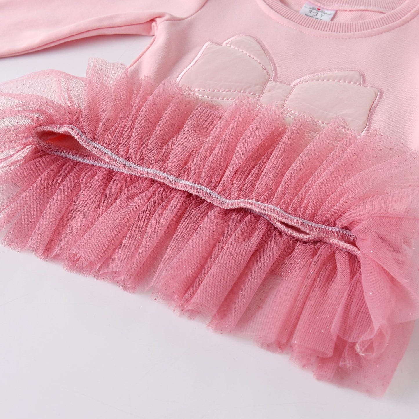 2PCS Girls Long Sleeve T-Shirt Set Big Bowknot Ruffle Tulle Sweatshirt + Sequins Star Top