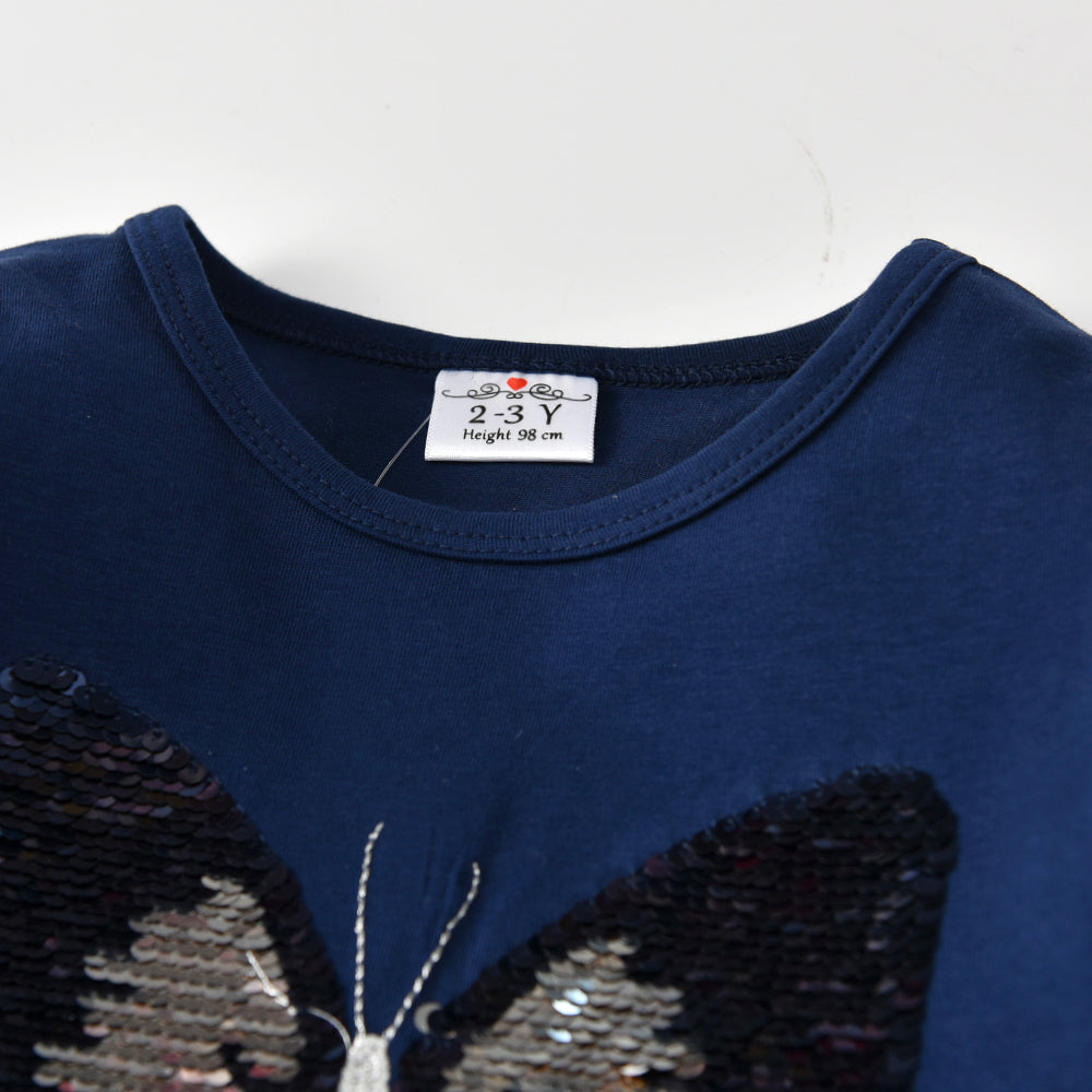2Y-8Y Girls Long Sleeve T-Shirt Sequins Butterfly Stripe Blue Casual Top