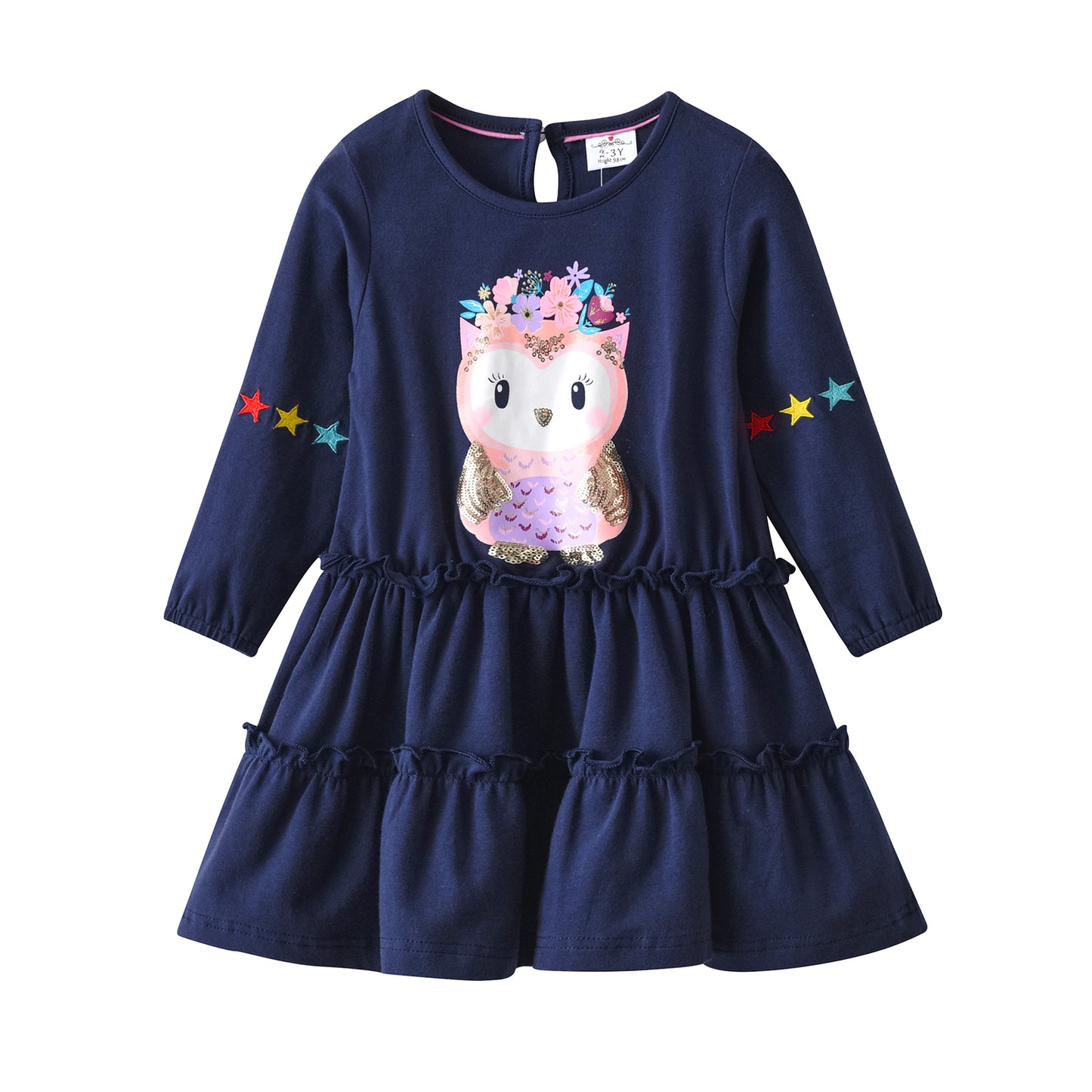 2Y-8Y Girls Long Sleeve Dress Sequins Bird Pattern Casual Dress for Girls Toddler