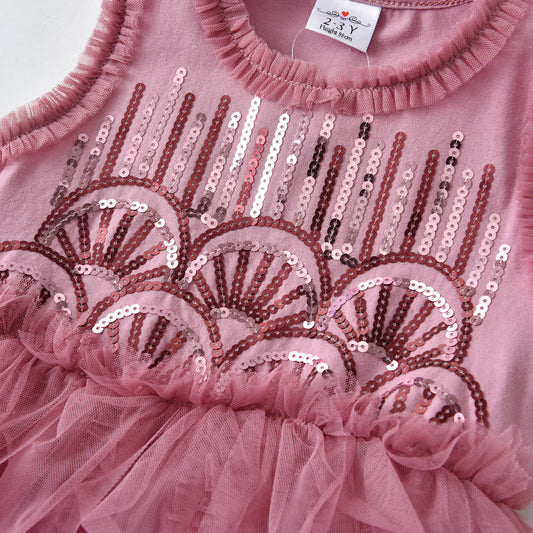2Y-8Y Girls Sleeveless Dress Sequins Ruffle Tulle Tutu Party Dress