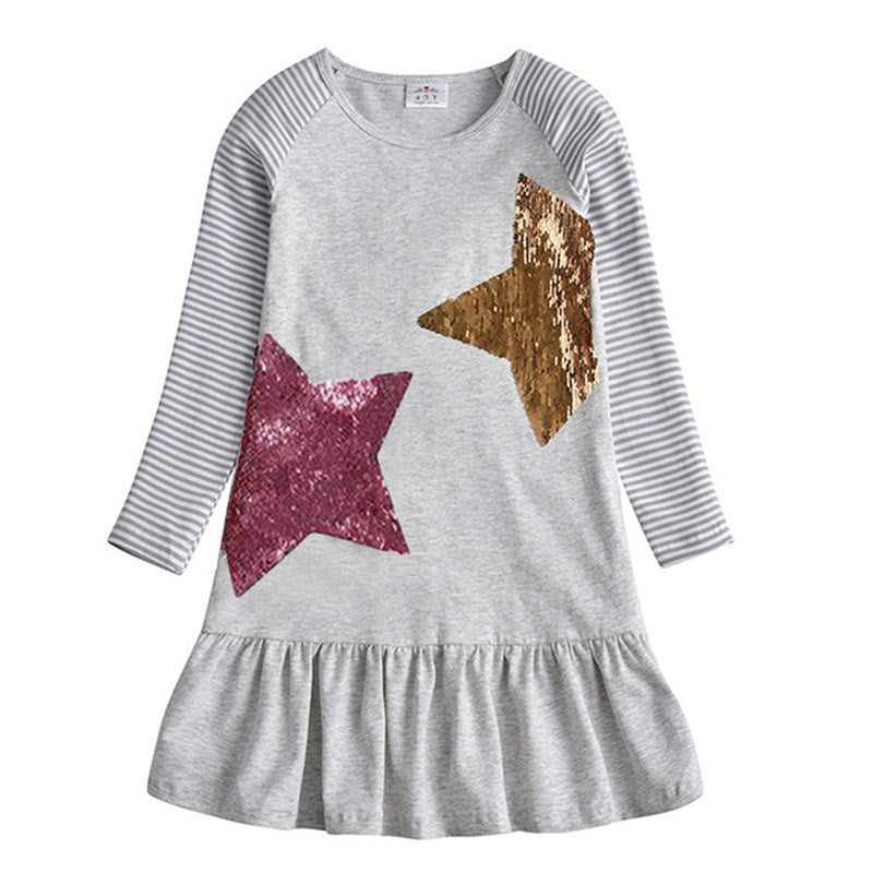 Star Sequined Casual Cotton Toddler Girl Long Sleeve Dress