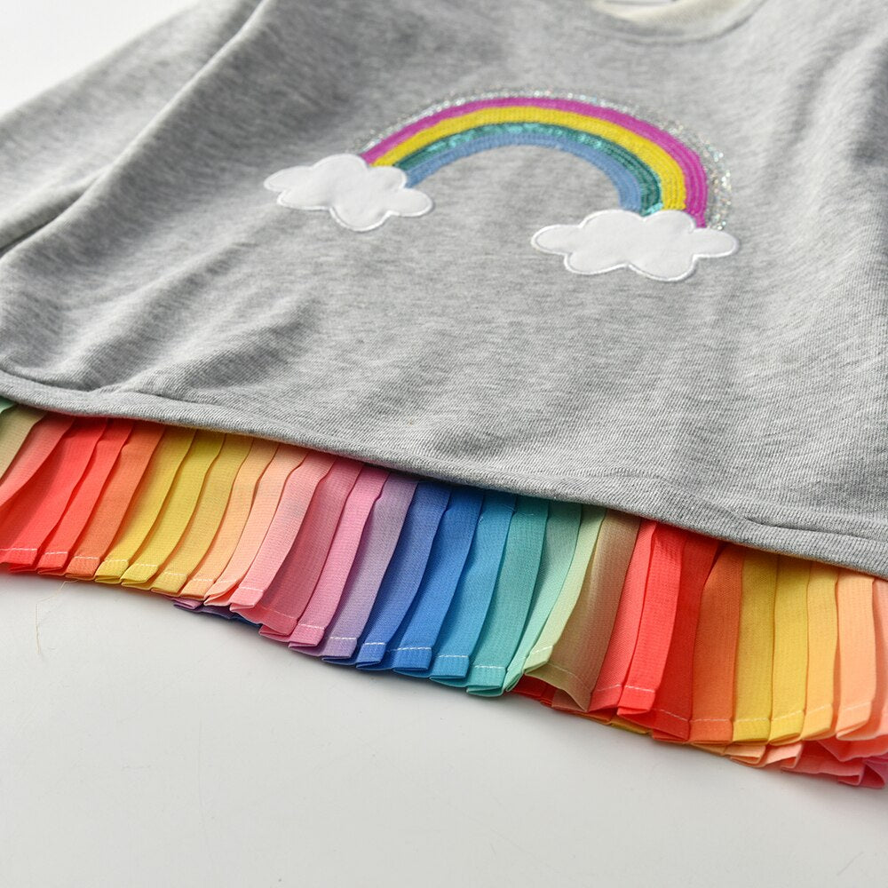 Cartoon Rainbow Pleated Hem Girl Toddler Long Sleeve Cotton T-Shirt