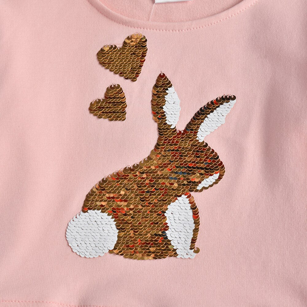 Rabbit Sequins Girl Toddler Cotton T shirt Casual Long Sleeve Autumn Outfit Tops