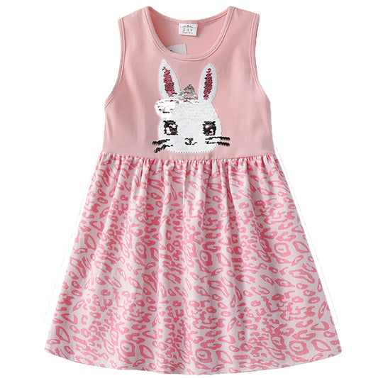 2Y-8Y Girls Summer Dresses Sequnins Rabbit Sleeveless Dress Leopard Print Kids Dresses