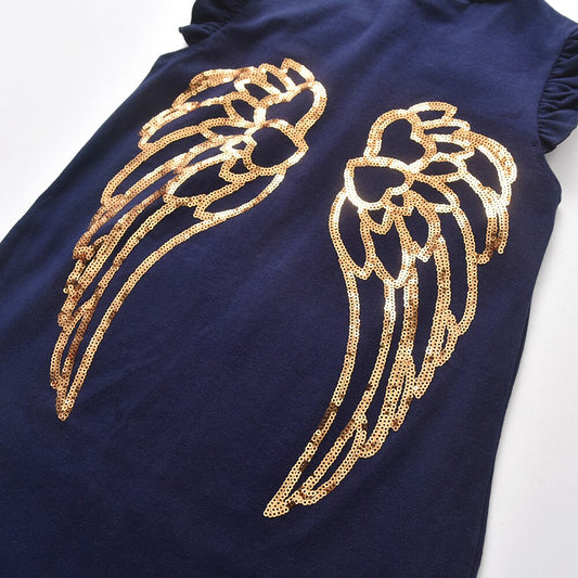 Girls Summer Dress A Line Cotton Sequins Angle Wings Girls Dress Flare Sleeveless Kids Dress