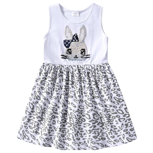 2Y-8Y Girls Sleeveless Dress Sequins Rabbit Kids Dress Summer Casual Leopard Dress for Daily School