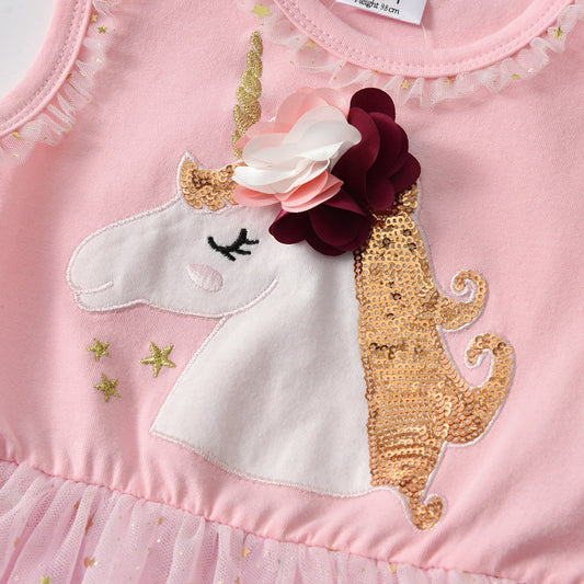 2Y-8Y Girls Pink Summer Dress Unicorn Princess Tutu Dress Sleeveless Sparkle Tulle Kids Dress