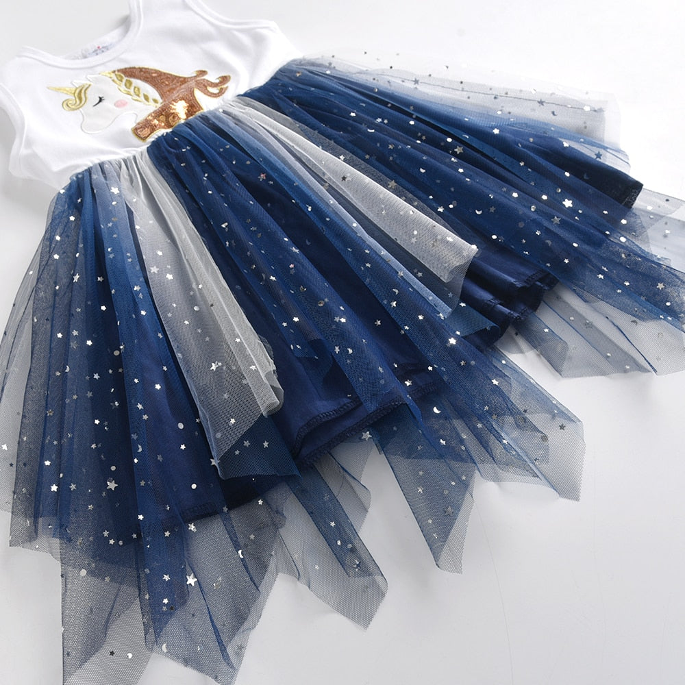 Girls Summer Dress Cute Unicorn Party Tutu Dress Casual Sleeveless Cotton Sparkle Tulle Dress