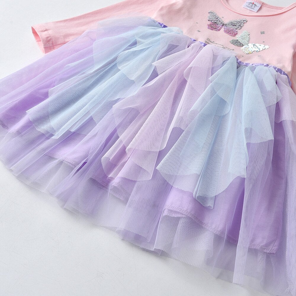2Y-8Y Girls Tutu Dress Butterfly Sequined Princess Purple Tulle Girl Dress for Birthday Party