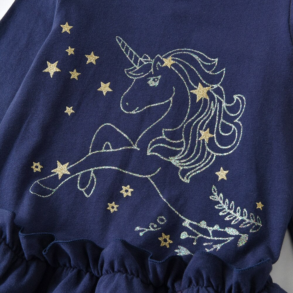 Unicorn with Star Girl Toddler Long Sleeve Cotton Dress