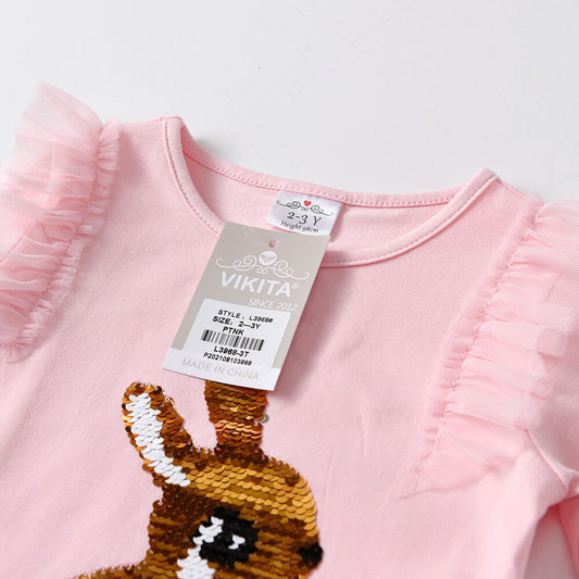 VIKITA Girls Long Sleeve Autumn T-shirts Rabbit Unicorn Butterfly Cartoon Tops for Baby Girls Clothes Sequined Tshirt 3-8Yrs