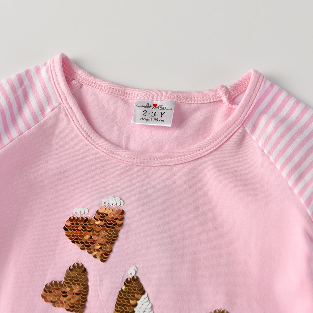 Rabbit Sequined Stripe Long Sleeve Ruffles Dress Girl Toddler Dress