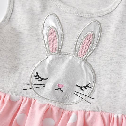 2Y-8Y Girls Summer Dress Rabbit Cartoon Print Cotton Dress Layer Cake Sleeveless Girls Toddler Dress