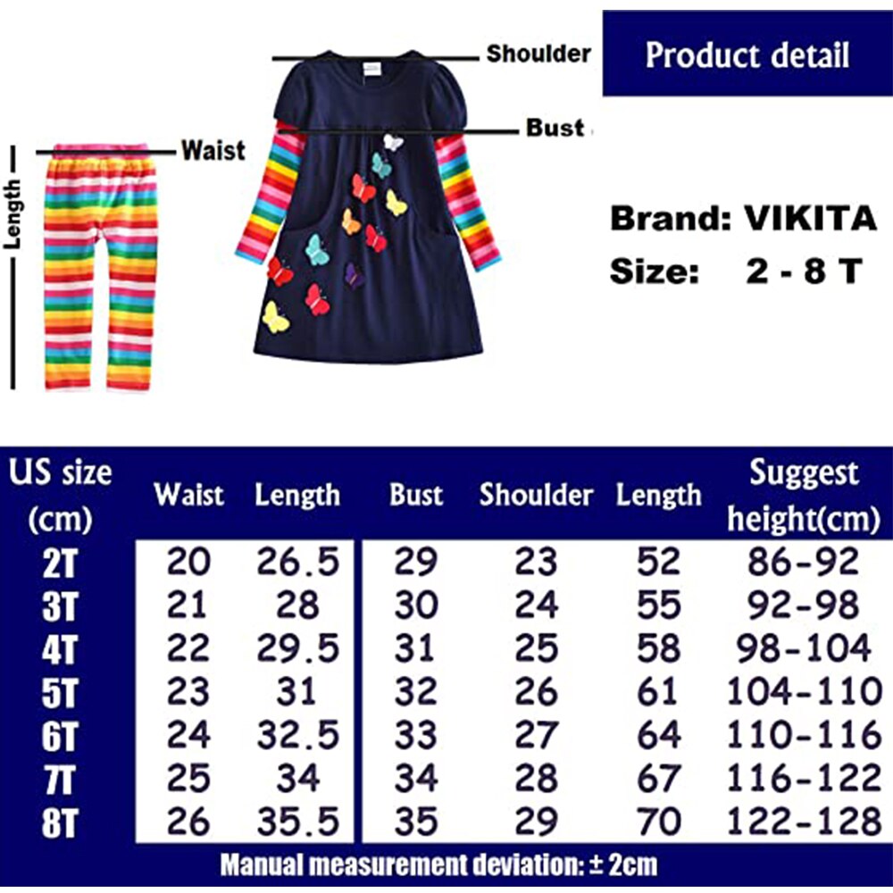Sequins Butterfly Cotton Jumper Dress and Rainbow Striped Pants Girl Clothing Sets