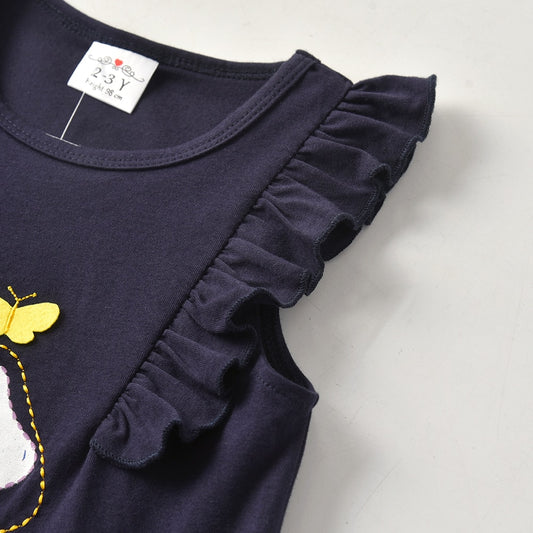 2Y-8Y Girs Sleeveless T-Shirt 3D Butterfly Embroidery Casual Cotton Top
