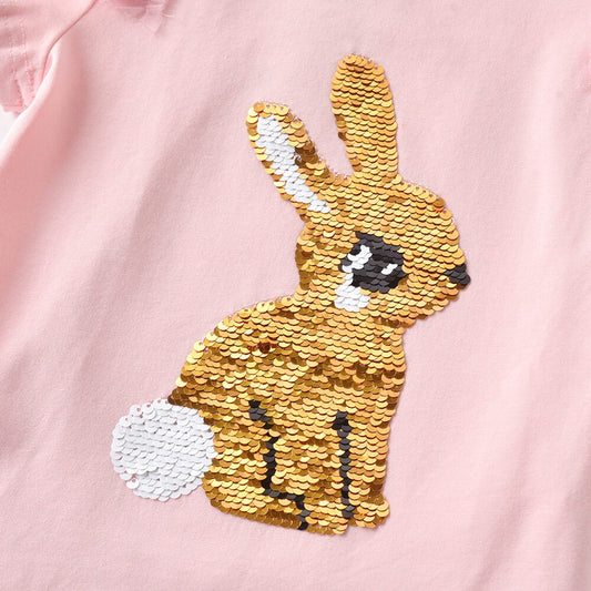Girls Short Sleeve T-Shirt Sparkle Sequins Rabbit Tulle Ruffle Short Sleeve Casual Pink Top