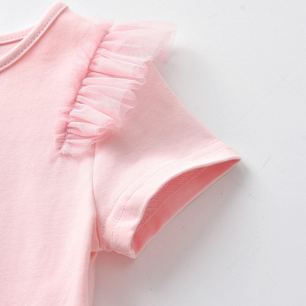 Girls Short Sleeve T-Shirt Sparkle Sequins Rabbit Tulle Ruffle Short Sleeve Casual Pink Top