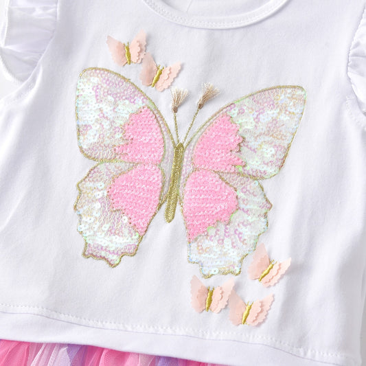 Girls Summer Short Sleeve Dress Sequins Butterfly Gathered Tulle Tutu Dress