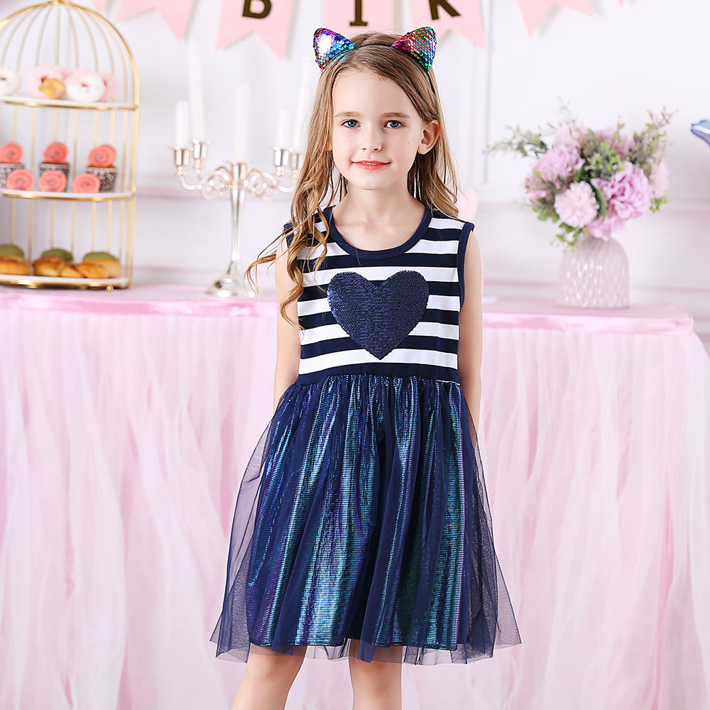 Color Block Love Beads Summer Tutu Girl Toddler Dress for Daily Casual School
