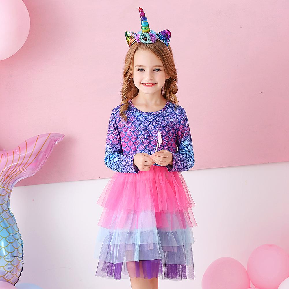 Purple Mermaid Colorful Layered Tulle Toddler Girl Long Sleeve Dress