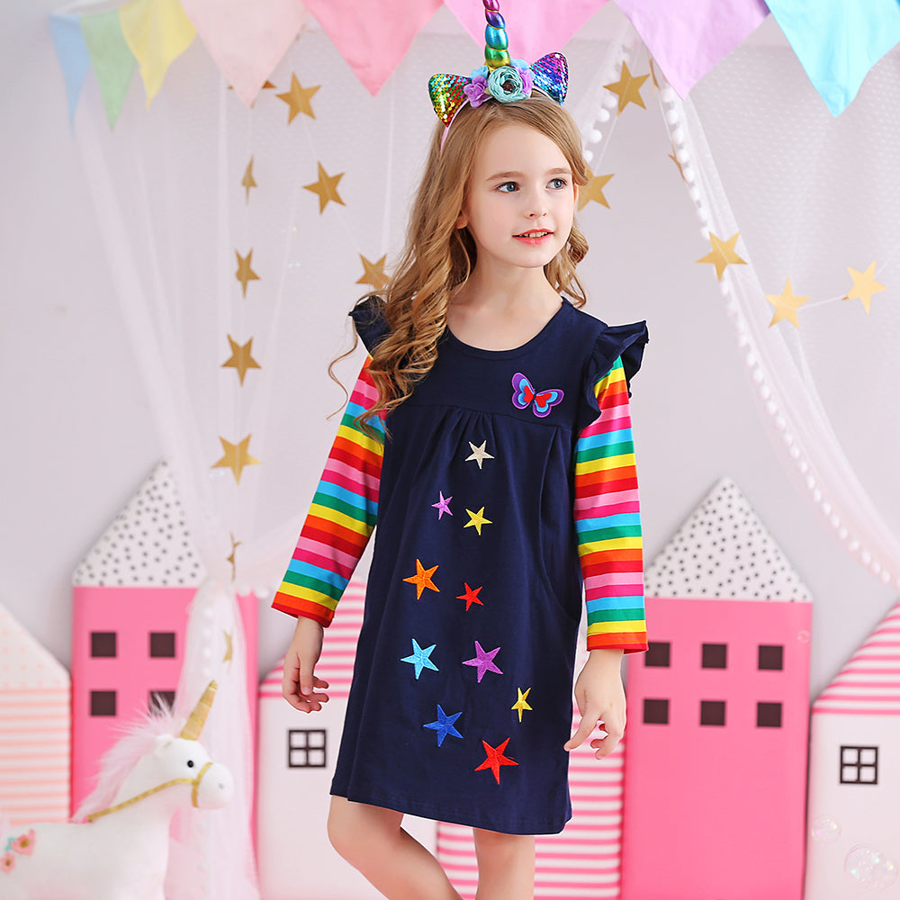 Colorful Star Butterfly with Rainbow Long Sleeve Cotton Girls Daily Casual Dress