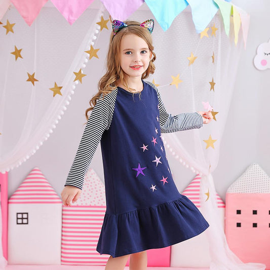 Star Pattern Daily Casual Long Sleeve Toddler Girl Dress