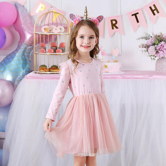 Star Pattern Pink Tulle Toddler Girl Tutu Dress for Fall Winter