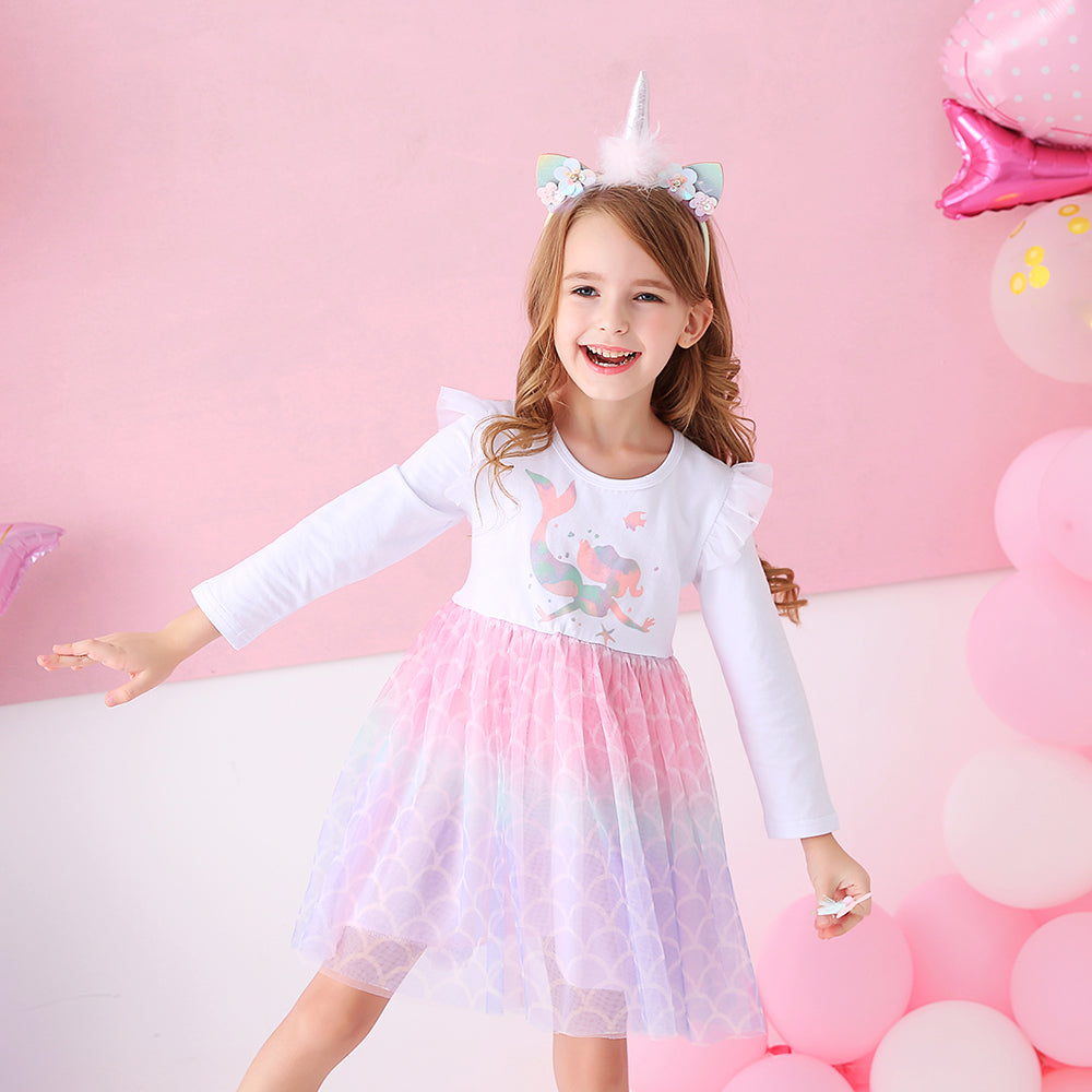Mermaid Pattern Colorful Tulle Fall Winter Toddler Tutu Dress