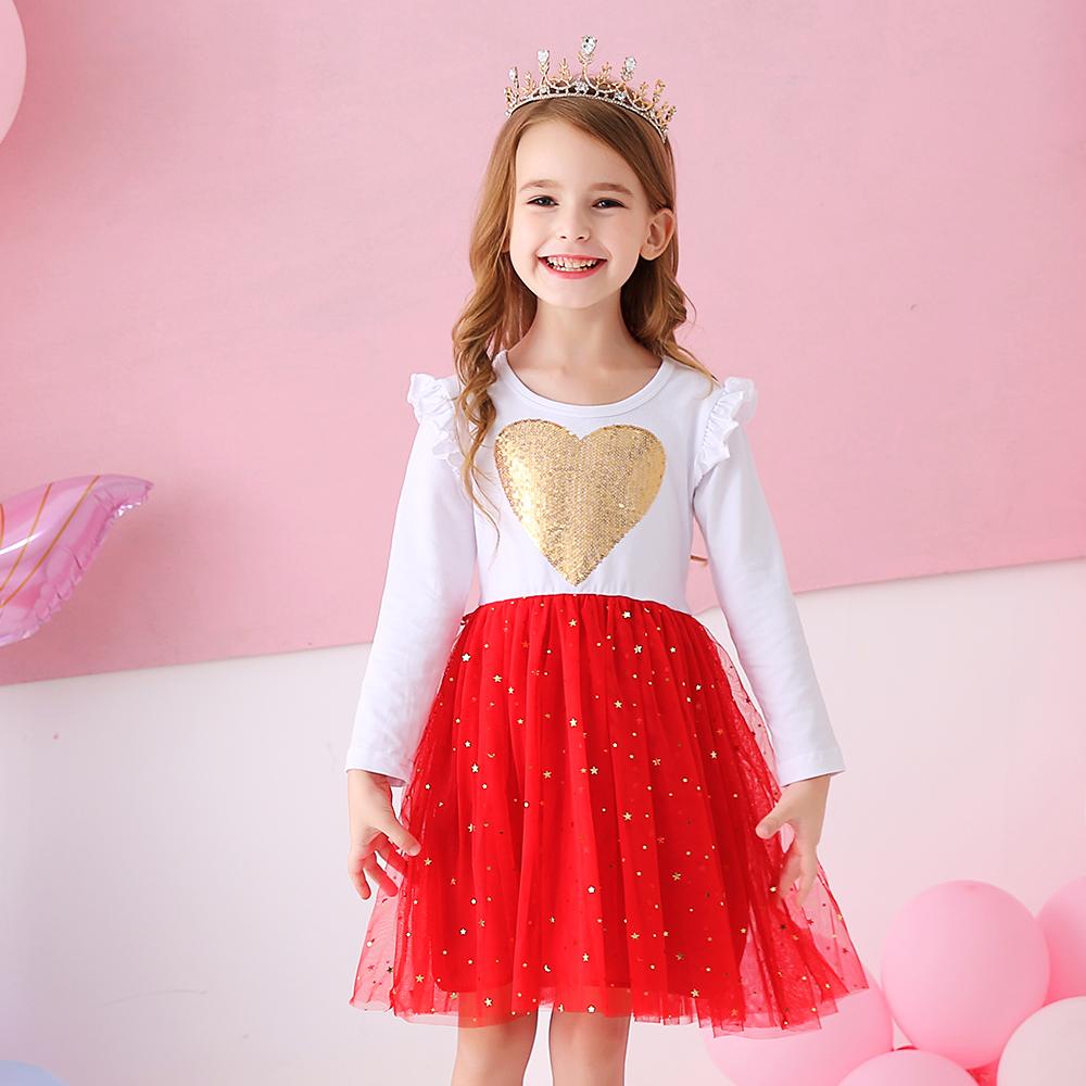 Love Sequined Cotton Toddler Girl Red Tutu Long Sleeve Dress