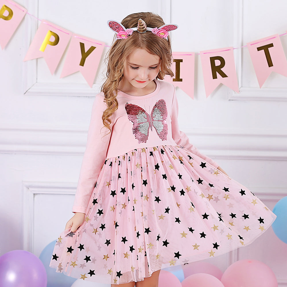Butterfly Sequined Star Printed Soft Tulle Fall Winter Toddler Tutu Dress
