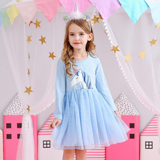 Cartoon Unicorn Blue Tulle Toddler Girl Tutu Long Sleeve Dress