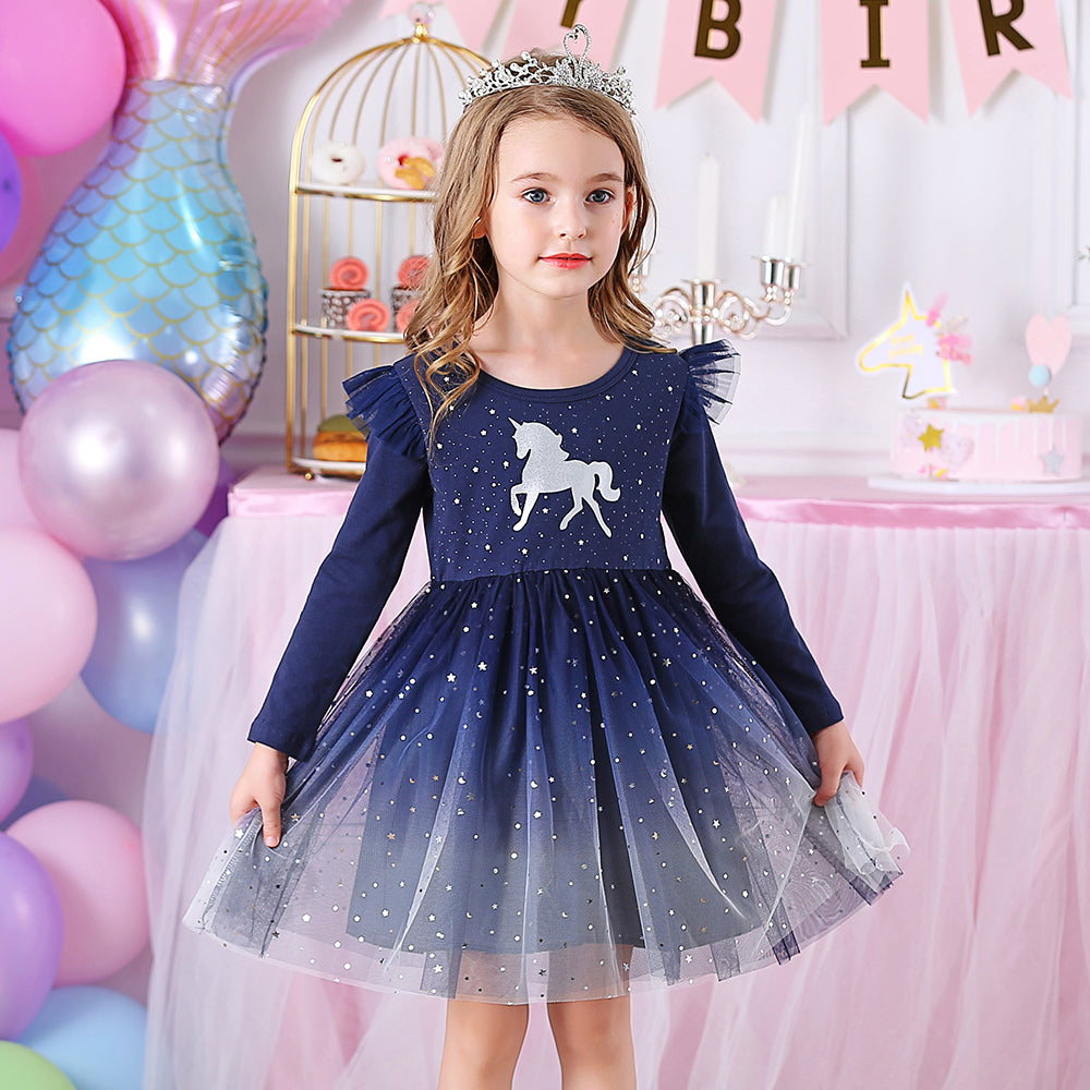 Unicorn Pattern Starry Sky Tulle Lovely Toddler Fall Winter Tutu Dress
