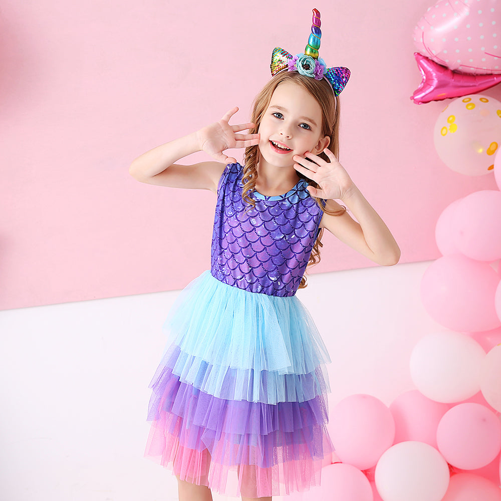 Princess Mermaid Printed Toddler Tutu Girl Layered Dress for Brithday Party