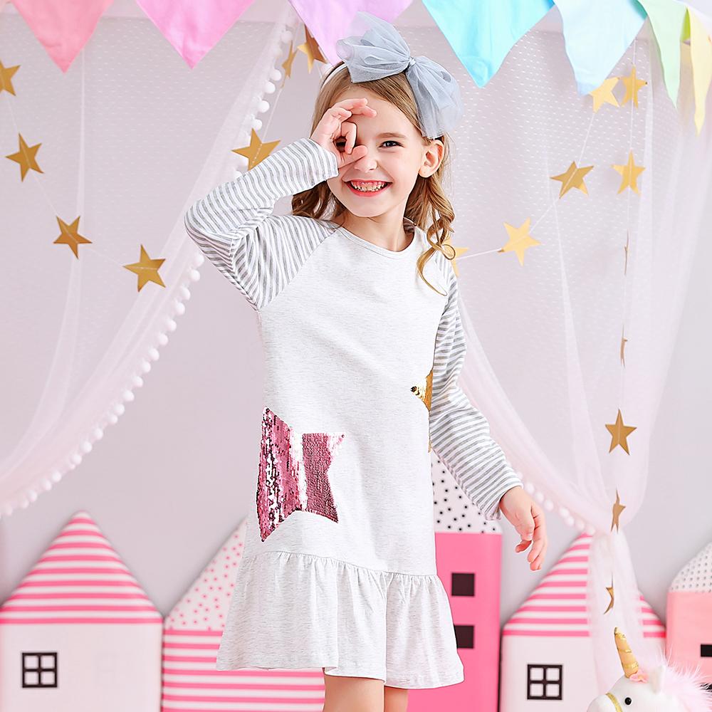 Star Sequined Casual Cotton Toddler Girl Long Sleeve Dress