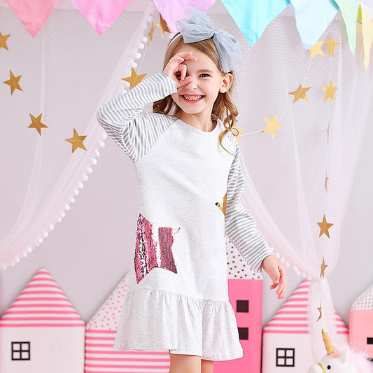 Star Sequined Casual Cotton Toddler Girl Long Sleeve Dress