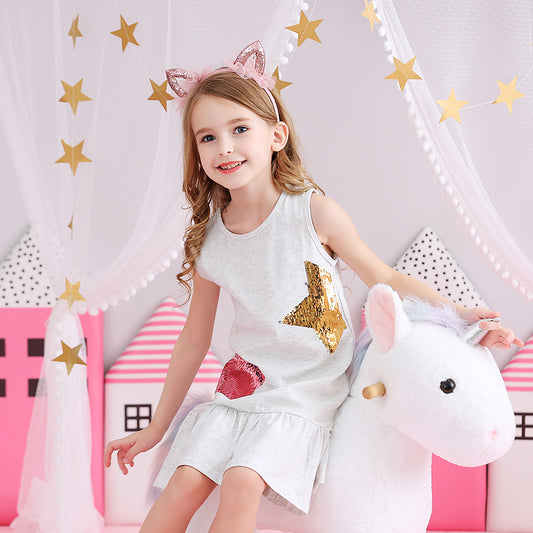 Star Sequined Toddler Summer Cotton Girl Dress for School Wear