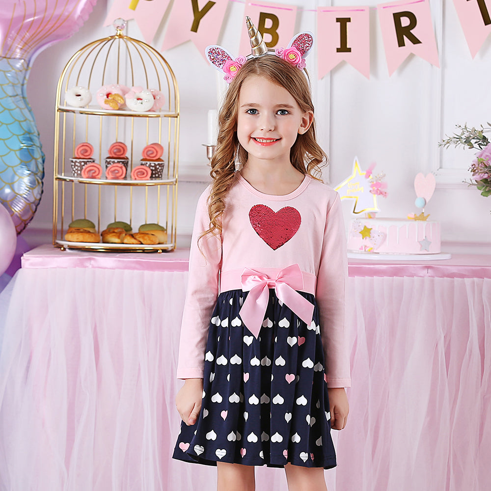 Love Heart Sequined Long Sleeve Fall Tollder Cotton Girl Dress