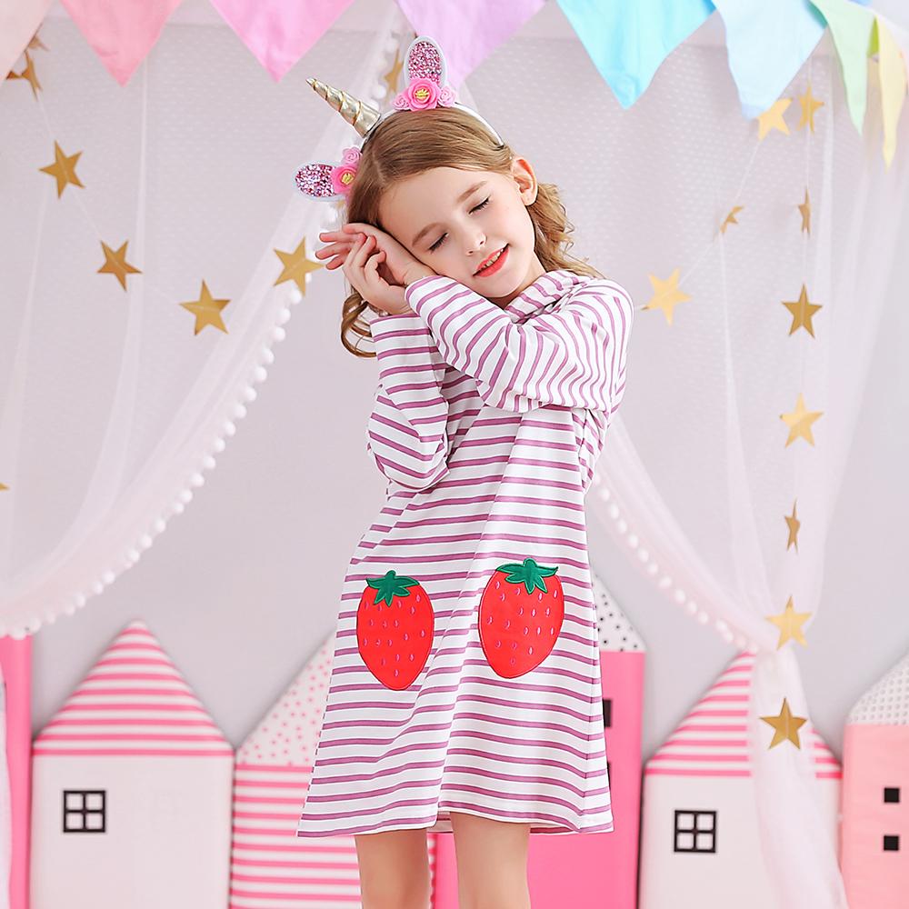 Strawberry Pattern A-Line Color Block Long Sleeve Toddler Causal Girl Dress