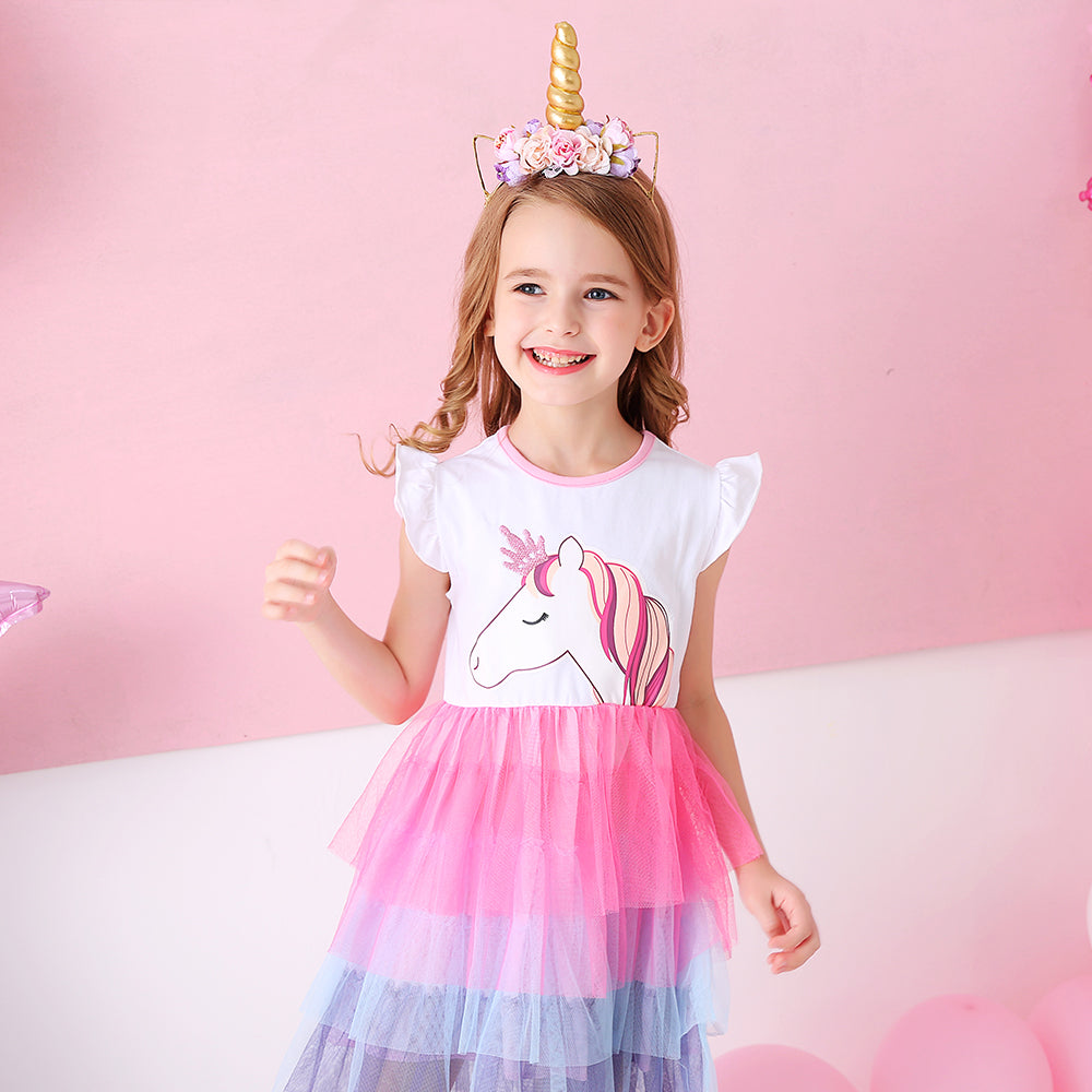 Unicorn Tutu Dress Short Sleeve Layered Colorful Dress for Toddler Girls