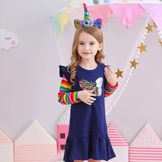 Butterfly Sequined Rainbow Long Sleeve Cotton Toddler Girl Casual Dress