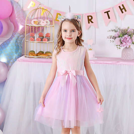 Princess Lovely Pink Beads Tutu Toddler Girls Dress with Butterfly 3-8T