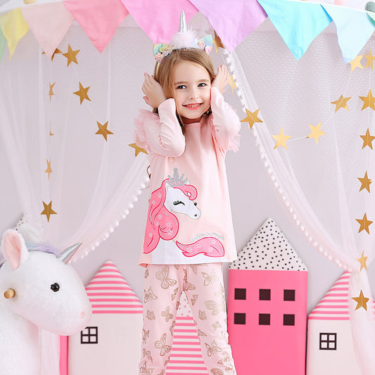Unicorn Long Sleeve T-Shirt and Butterfly Leggings Pants Pink Set for Girl Toddler 3-8T