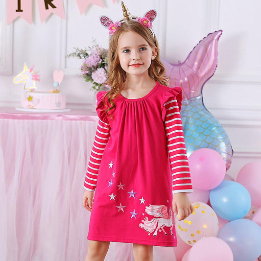 Unicorn with Star Pattern A-Line Casual Cotton Toddler Girl Dress